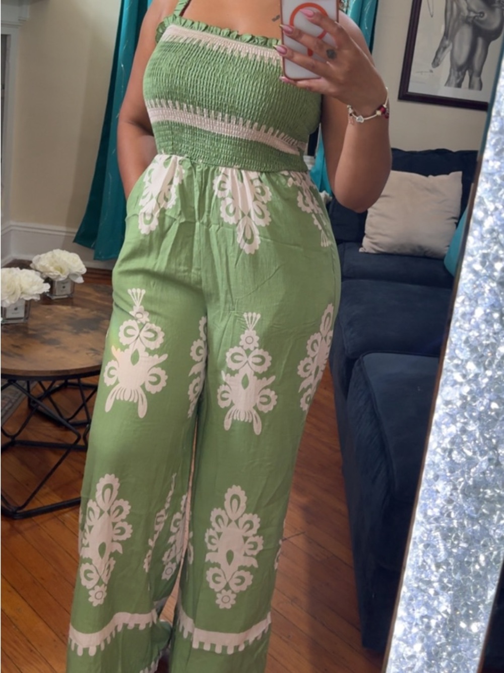 Green Smocked Strap Jumpsuit with White Motif
